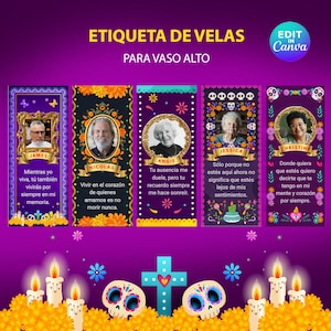 Op de afbeelding: Een paarse afbeelding met Spaanse tekst, "ETIQUETA DE VELAS PARA VASO ALTO." Het toont vijf rechthoekige labels met foto's van mensen, elk met een naam en een citaat. Het ontwerp bevat kaarsen, schedels en bloemmotieven.