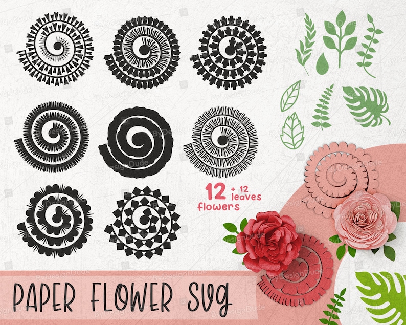 Pu&ograve; includere: Un set di 12 file SVG di fiori di carta in bianco e nero. Il design presenta un motivo a spirale. Il testo "12 foglie fiori" &egrave; incluso nell'immagine.