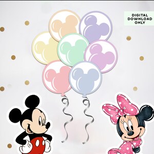 May include: A collection of pastel-colored balloon-shaped cutouts, each featuring a Mickey Mouse head silhouette. The image also includes Mickey and Minnie Mouse character stickers, with the text "DIGITAL DOWNLOAD ONLY".