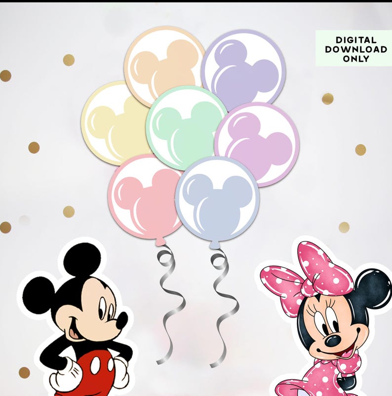 May include: A collection of pastel-colored balloon-shaped cutouts, each featuring a Mickey Mouse head silhouette. The image also includes Mickey and Minnie Mouse character stickers, with the text "DIGITAL DOWNLOAD ONLY".