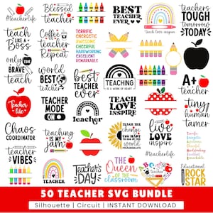Pacchetto di 50 SVG per insegnanti, Citazione di insegnanti in formato SVG, Vita di insegnanti in formato SVG, Pacchetto di SVG per insegnanti, Elementi per insegnanti in formato SVG, Ritorno a scuola in formato SVG, Matita in formato SVG, PNG