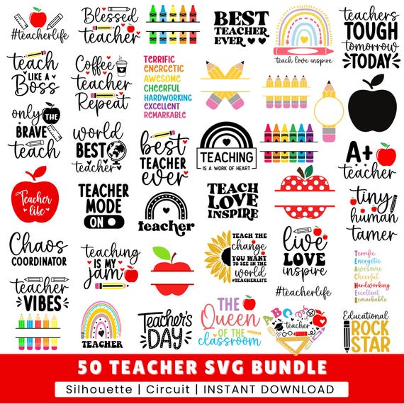 Teacher SVG Bundle: 50 Back to School Designs (Digital Download)
