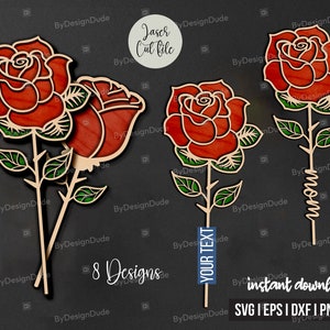File SVG con rosa a due strati tagliata al laser, file vettoriali natalizi in legno tagliato al laser, fiore di rosa tagliato al laser, arte in legno SVG per la festa della mamma, regalo per la mamma