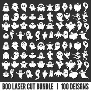 Puede incluir: Colección de 100 diseños de fantasmas blancos con diversas expresiones y formas sobre un fondo gris oscuro. El texto "BOO LASER CUT BUNDLE | 100 DESIGNS" está en la parte inferior. Ideal para manualidades y decoraciones de Halloween.