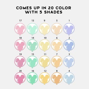 May include: A graphic showing a color chart with 20 color options and 5 shades. Each color is represented by a Mickey Mouse head shape. The text at the top reads "COMES UP IN 20 COLOR WITH 5 SHADES."