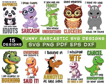 Sarcastic Animal Quotes, Animals Stickers Bundle Svg, Sarcastic Quotes, Animal Sublimation Design, Funny Animals Png, Printable Stickers Svg
