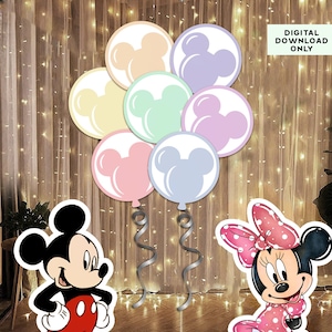 May include: A collection of pastel-colored balloons with Mickey Mouse silhouettes, accompanied by cutouts of Mickey and Minnie Mouse. The balloons are attached to silver ribbons. The text "DIGITAL DOWNLOAD ONLY" is visible.