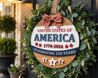 America 250 Door Hanger Laser Cut SVG, USA 250th Anniversary Round Sign Dxf, Patriotic Decor 1776-2026, CNC Laser Files Wall Art Set