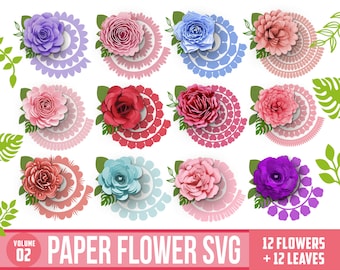 Paquete de plantillas SVG de flores de papel enrolladas: decoración para manualidades, decoración de regalos, archivo de corte de flores de papel, decoración floral, tipos de regalos de flores de papel para manualidades.