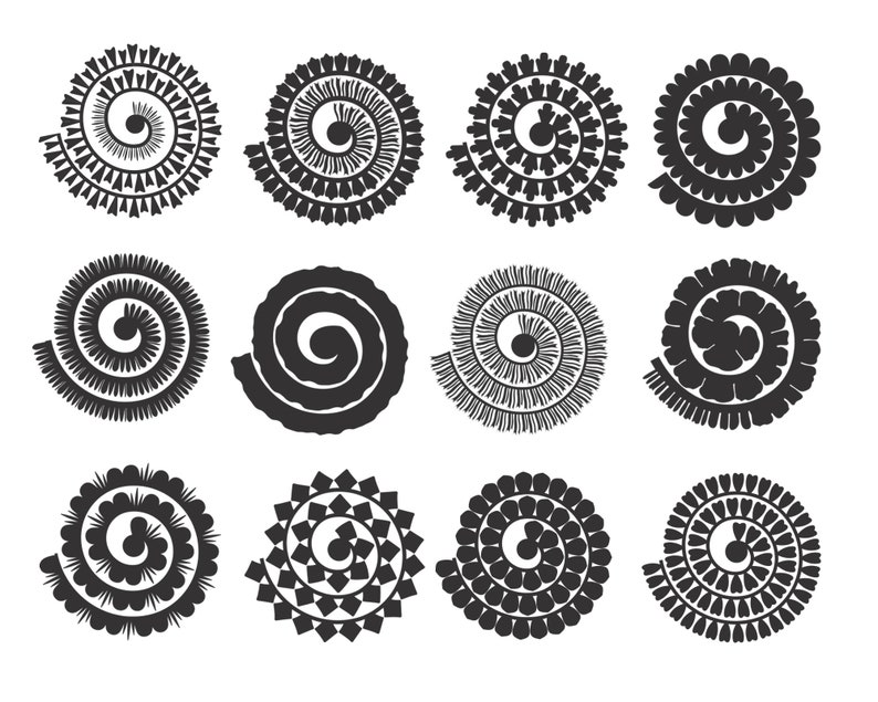 Pu&ograve; includere: Set di dodici disegni a spirale in bianco e nero. Ogni disegno presenta un motivo e uno stile di spirale diversi.
