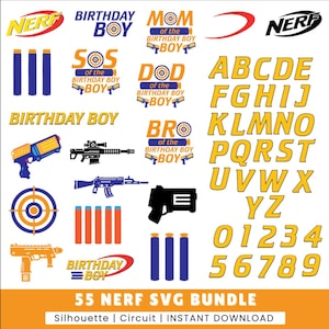 May include: A digital graphic bundle featuring Nerf-themed elements including logos, toy blasters, foam darts, targets, and text phrases like Birthday Boy, Mom, Dad, and Bro. Includes a full yellow alphabet and numbers zero through nine.