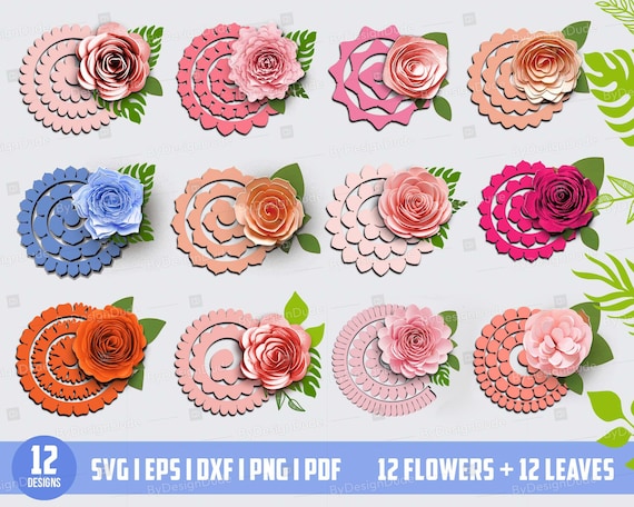 3D Rolled Flower SVG Bundle, Paper Flower Template, Cricut Flowers svg, Gift Decoration Flower cutting files, Kids Crafts, Rolled Flower PNG