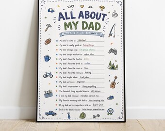 All About My Dad Questionnaire, Grandpa Gift, Best Dad Father's Day Interview Sheet, Kids activity (Instant Download PDF)