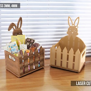 Osterhase Holzkiste Laser Cut Datei Osterkorb svg Laser-Datei Hölzerner Osterkorb Laserschnitt für Glühschmiede Candy Bucket Ostergeschenk