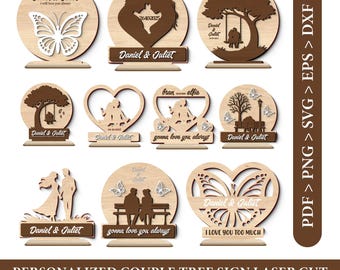 Personalized Couple Tree Sign Laser Cut SVG Bundle, Romantic Silhouette Wood Table Decor, Custom Names Wedding Anniversary Gift, Glowforge