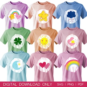 May include: A selection of brightly coloured t-shirts with cartoon designs. Each shirt displays a different graphic, such as a rainbow, star, cloud, sun, and hearts. The text "DIGITAL DOWNLOAD ONLY" and "SVG | PNG | PDF" is at the bottom.