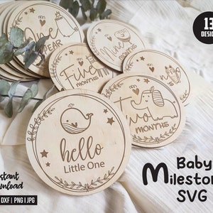 Paquete SVG de hitos mensuales del bebé, rondas SVG de hitos mensuales del bebé, Glowforge Cricut y Silhouette, Hola mundo SVG, archivos de corte SVG de bebé