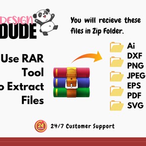 Pu&ograve; includere: Illustrazione di una pila di libri legati da una cintura, che rappresenta un file compresso. Il testo dice "Usa lo strumento RAR per estrarre i file". Una freccia punta a un elenco di tipi di file: Ai, DXF, PNG, JPEG, EPS, PDF, SVG. Il testo dice "Riceverai questi file in una cartella Zip."
