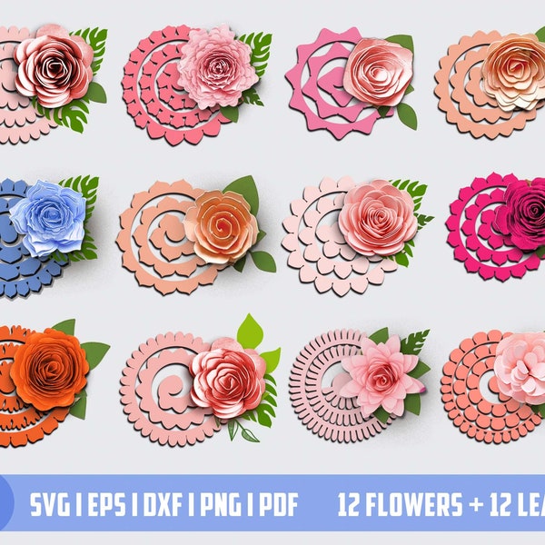 Roulé fleur SVG, SVG fleur 3D, fleur roulée SVG, Svg fleur en papier, téléchargement numérique, papier numérique Svg, Pdf, Jpg 300 dpi