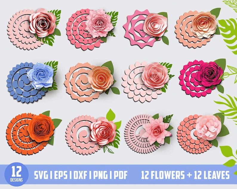 Roulé fleur SVG, SVG fleur 3D, fleur roulée SVG, Svg fleur en papier, téléchargement numérique, papier numérique Svg, Pdf, Jpg 300 dpi image 1