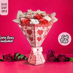 ブーケ SVG、母の日ギフトの紙の花、カットライン付き紙の花ブーケ、紙の花束、バレンタイン用花瓶 SVG