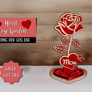 Fiore di rosa tagliato al laser, regalo artistico per la festa della mamma, fiore personalizzato in legno acrilico con nome, file di taglio modificabile, regalo per lei, Mom Love Svg