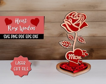 Fleur rose découpée au laser, art Saint-Valentin, fleur personnalisée en bois acrylique avec nom, fichiers coupés modifiables en téléchargement numérique