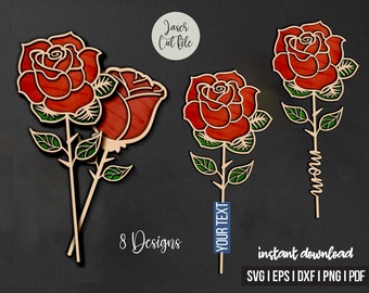 Dwuwarstwowe pliki SVG wycinane laserowo róża, pliki wektorowe do cięcia laserowego drewna, kwiat róży wycinane laserowo sztuka Walentynki drewno akrylowe, 8Design