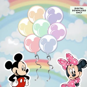 Puede incluir: Una colección de globos de colores pastel con siluetas de Mickey Mouse, cintas plateadas y el texto "DIGITAL DOWNLOAD ONLY". También se presentan pegatinas de los personajes de Mickey y Minnie Mouse sobre un fondo de arcoíris y cielo nublado.