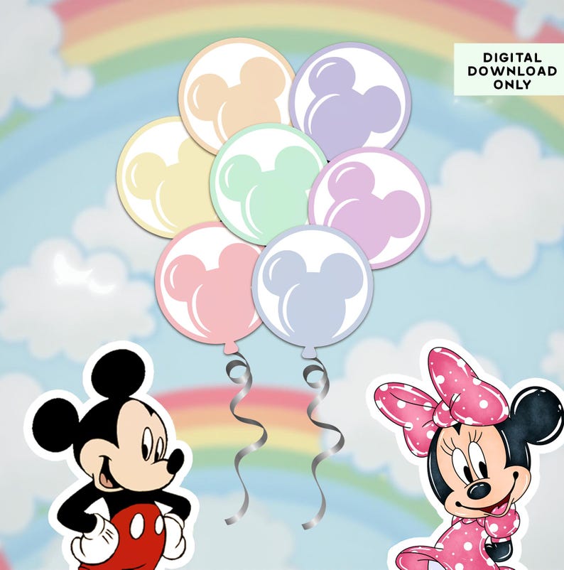 May include: A collection of pastel-colored balloons with Mickey Mouse silhouettes, silver ribbons, and the text "DIGITAL DOWNLOAD ONLY." Mickey and Minnie Mouse character stickers are also featured against a rainbow and cloudy sky background.