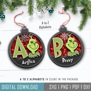 Grinchmas Alphabet Christmas Laser Cutfiles Svg, Enfeites Pendurados Merry Grinchmas Svg, Grinchmas Décor CNC, Grinch Glowforge Redondo de Natal Svg