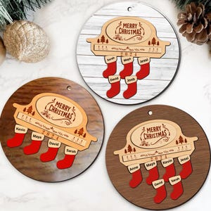 Ornamento per calza personalizzato con nome di famiglia, file digitale tagliato al laser, pacchetto PNG di ornamenti natalizi per la famiglia, design di ornamenti per il nome di famiglia in Cricut