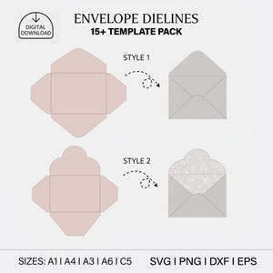 以下が含まれることがあります： 15以上のテンプレートパックを備えた封筒ダイラインのデジタルダウンロード。画像には2つの封筒スタイルが表示されており、1つはクラシックな形状、もう1つは装飾的な上部が付いています。サイズA1、A4、A3、A6、C5が含まれています。形式：SVG、PNG、DXF、EPS。