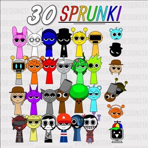May include: A digital illustration featuring 30 colorful Sprunki character icons arranged in a grid. The text 30 SPRUNKI is displayed at the top in a bold font. Each character has a unique design, including various colors, hats, and accessories.