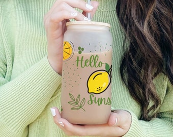 Personalized Lemon Glass Cup, Custom Lemon Iced Coffee Cup, Hello Sunshine Glass, Summer Fruit Glass Can With Straw, Custom Gift For Her