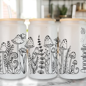 Personalized Mushroom Glass Can Tumbler, Custom Mushroom Iced Coffee Cup, Frosted Cottagecore Custom Beer Glass, Hippie Glass Can With Straw