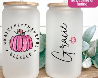 Personalized Pumpkin Glass Tumbler For Thanksgiving Custom Pink Pumpkin Ice Coffee Glass Fall Season Pumpkin Cup Gift Tumbler With Name