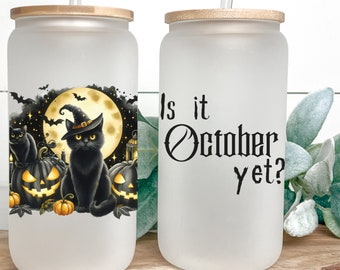 Personalized Black Cat Ice Coffee Cup, Spooky Black Cat Pumpkin Glass, Halloween Black Cat Glass Can, Gift For Halloween, Black Cat Moon Cup