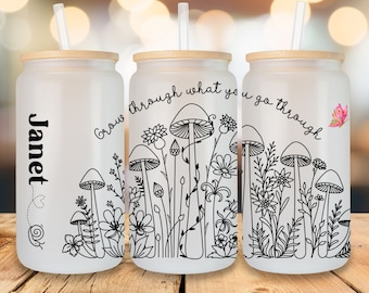 Personalized Mushroom Glass Can Tumbler, Custom Affirmation Iced Coffee Cup With Mushrooms, Frosted Cottagecore Custom Glass Cup Gift Idea
