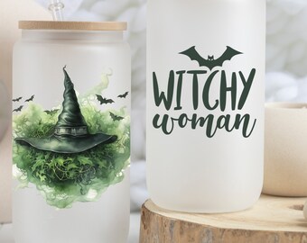Personalized Witch Ice Coffee Cup, Spooky Witchy Woman Glass, Witchy Woman Glass Can, Gift For Halloween Glass Tumbler With Witch Hat Bats