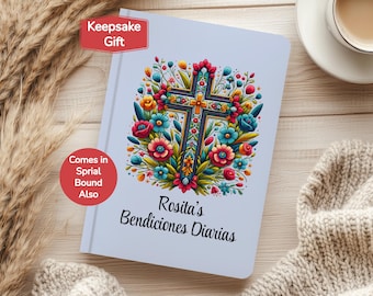 Diario personalizado de Bendiciones Diarias con cruz para religiosas mexicanas. Diario floral con bendiciones diarias para abuelas. Libro de recuerdos en español.