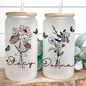 Personalized Birth Flower Glass Cup, Gift For Bridesmaid Proposal Gift, Birth Flower Iced Coffee Cup Glass Can, Custom Bridesmaid Gift