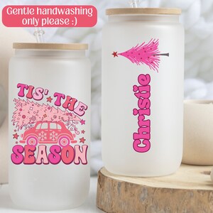 Personalized Pink Christmas Tumbler, Pink Christmas Iced Coffee Glass, Holiday Glass Tumbler For Her, Cute Christmas Cup Holiday Season