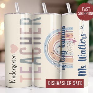 Personalized Teacher Tumbler, Gift From Student, Custom Kindergarten Skinny Tumbler, Teacher of Tiny Humans Cup, Kinder Teacher Travel Mug