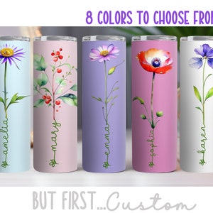 Birth Flower Personalized Tumbler With Straw, Birth Month Wildflower Skinny Tumbler, Mother&#39;s Day Gift Tumbler, Wildflower Bridesmaid Gift
