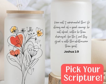 Personalized Scripture Verse Glass Tumbler, Custom Bible Verse Flower Iced Coffee Cup, Gift For Christian Tumbler, Religious Glass Cup
