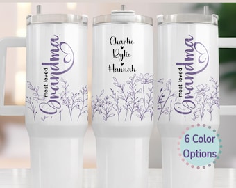 Vaso personalizado de 40 oz con asa para abuela. Regalo personalizado para abuela con nombres de nietos. Vaso floral para abuela. Idea de regalo para Nana o MiMi.