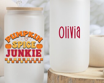 Personalized Fall Tumbler, Custom Pumpkin Spice Ice Coffee Glass, Pumpkin Spice Glass Can, Autumn Glass Tumbler With Lid, Thanksgiving Gift