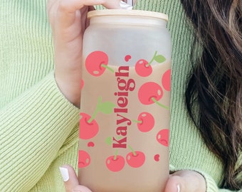 Personalized Cherry Glass Cup, Custom Cherry Iced Coffee Cup, Frosted Cherry Glass, Summer Fruit Glass Can With Straw, Custom Gift For Her