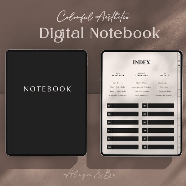 Digital Notebook with 12 Tabs, Colorful Pages, GoodNotes Notebook, Minimalist Design, Hyperlinked Notebook, Academic Notebook